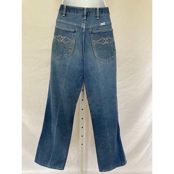 Vintage 70s Maverick High Rise Flare Medium Blue Denim Jeans Pants meas. 28x29 - Picture 8 of 9